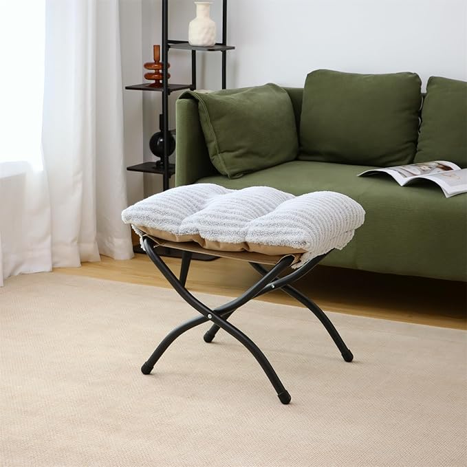 Mordchil HF 15"(H) Folding Ottoman, Foldable Footrest Stool, Portable Small Foot Stool for Couch, Collapsible Foot Rest Ottoman for Sofa, Accent Padded Ottomans for Living Room, Bedroom, Stripe Grey