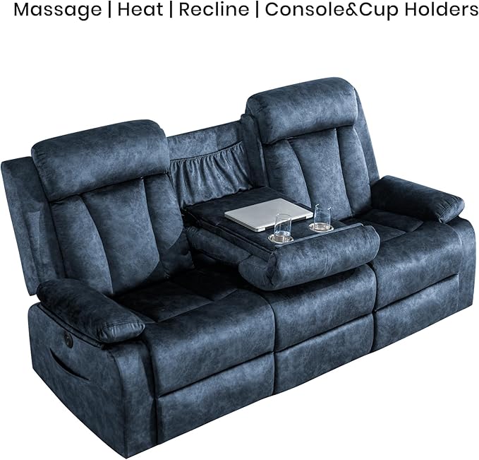 Power Reclining Sofa with Massage & Heat, USB & Type-C Ports, Drop-Down Tray Table, Cup Holders, Storage Pockets, Power Reclining Couch/Reclining Sofa 3 Seat, for Living Room, RV，Media Room 82" Blue