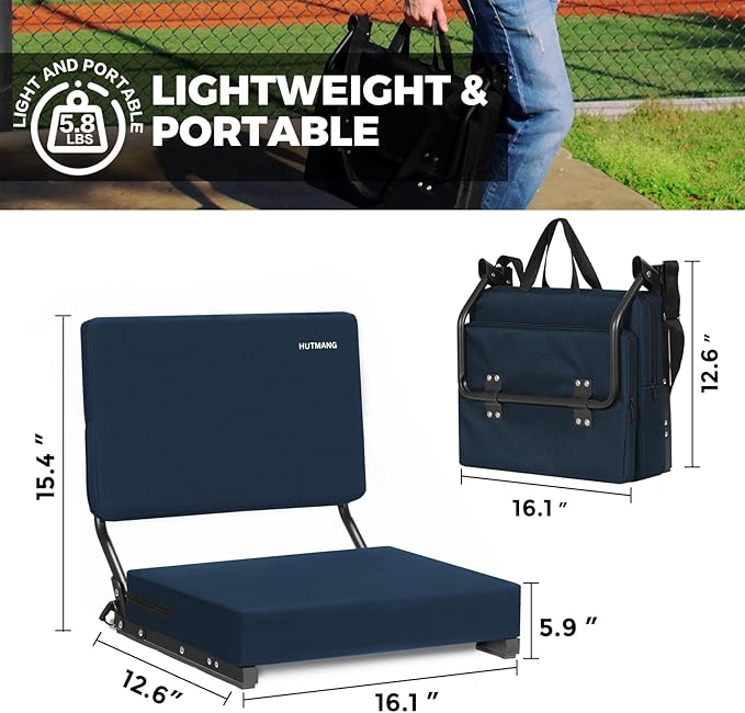 HUTMANG Bleacher Chairs with Back and Cushion,Stadium Seats with Back Support,Portable Bleacher Seat with Should Strap,Folding Comfort Padded Stadium Chairs for Adults Watch All Sport Event(Navt Blue)