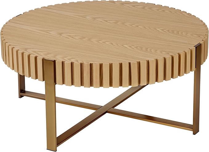 31.49'' Original Wood Color Round Coffee Table for Apartment, Modern Living Room Coffee Table with Sturdy Pedestal Base (Oak, 31.5)