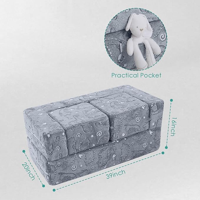 MeMoreCool Dinosaur Glow Foam Kids Play Couch Set, Gray Modular Sofa & Lounger – Glow-After-Light Dinosaur Pattern, Machine-Washable Cover