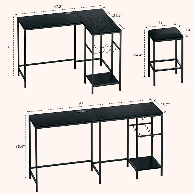 Bar Table and Chairs Set for 2-4, 3-Piece Convertible L-Shaped Dining Set with Storage Shelves & Cup Holder & Wine Rack, 63'' Corner Kitchen Table Set with 2 PU Cushion Stools & Power Outlets, Black
