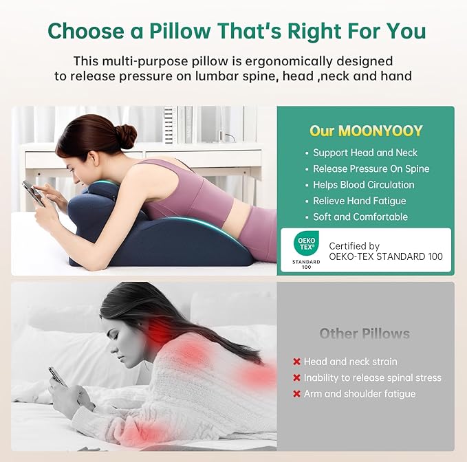 Memory Foam Ergonomic Rest Pillow, Prone Pillow for Sleeping, Reading Pillow for Bed, Ergonomic Support for Back Pain, Acid Reflux & Sitting Up, Ideal for Massage, with Removable Cover