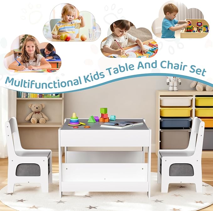 Arlopu Kids Table and Chairs Set, 4 in 1 Toddler Art Desk with Storage Drawer, Wooden Activity Deskboard, Blackboard, Reversible & Detachable Tabletop, Bookshelf for Drawing, Reading (Grey & White)