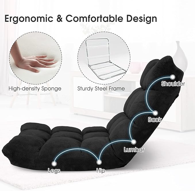 Giantex Folding Floor Chair with Back Support, 14 Adjustable Position, Padded Sleeper Bed, Couch Recliner, Floor Gaming Chair for Adults Meditation Living Room Bedroom, Black