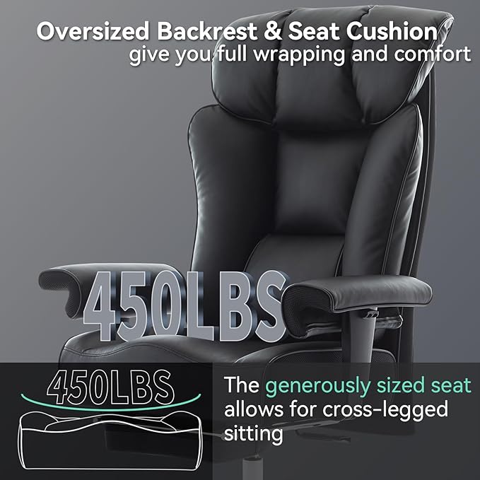 Efomao Big and Tall Office Chair 450lbs, 5.9" Thick Pocket Spring Executive Chair with Footrest, High Back PU Leather Ergonomic Desk Chair, Wide Computer Chair, Black
