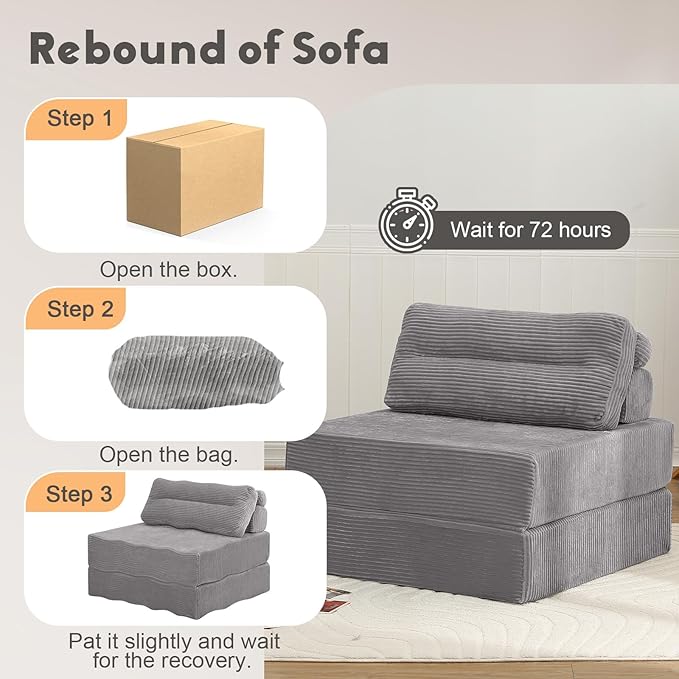 MeMoreCool Folding Sofa Bed Single Grey – Convertible Sleeper Chair with Back Support | Foldable Floor Lounge Mattress Chair with Headrest & Lumbar Pillow, Ideal for Living Room, Bedroom Guest Space