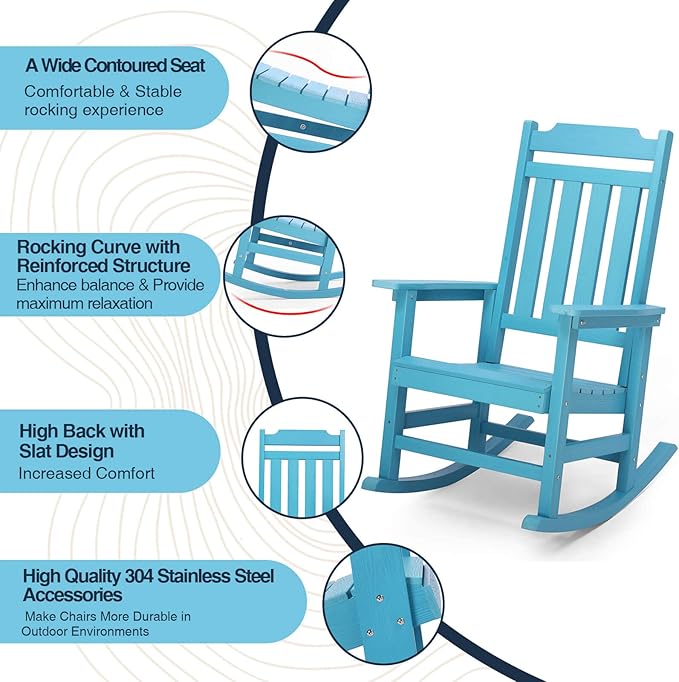 hOmeQomi Rocking Chairs Set of 2, All Weather Resistant Poly Lumber Outdoor Porch Rocker, Rocking Chairs for Outdoor, Indoor, Patio, Deck, Garden, Backyard, Load Bearing 380 lbs - Lake Blue