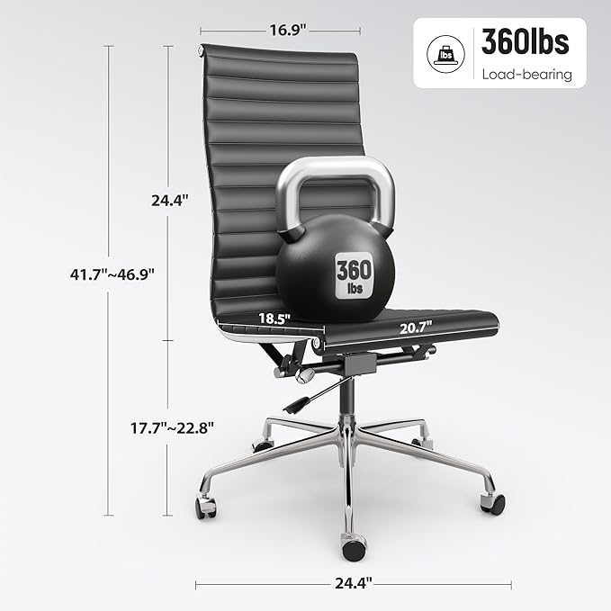 OTDMEL Armless Ribbed Office Desk Chair with Top Grain Leather, High Back Ergonomic Swivel Room Chair, Adjustable Height 5-Star Base, Black
