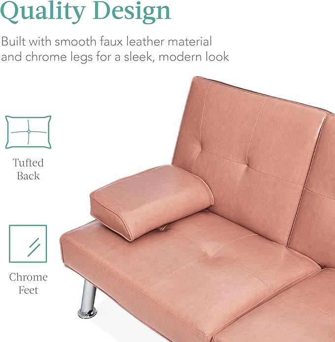 Best Choice Products Faux Leather Upholstered Modern Convertible Futon, Adjustable Folding Sofa Bed, Guest Bed w/Removable Armrests - Pink