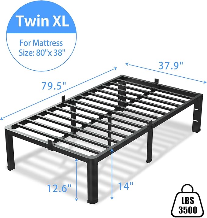 VIPSHOW 14 Inch Twin XL Bed Frame, 3500Lbs Heavy Duty Metal Platform with Round Corner Legs Mattress Slide Stopper, Steel Slat Support No Box Spring Needed, Noise Free, Non-Slip, Easy Assembly