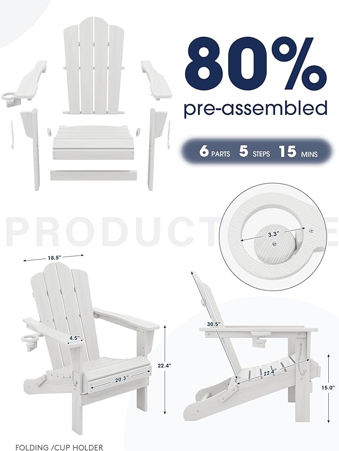 KINGYES Folding Adirondack Chair Set of 6, HDPE All-Weather Patio Chairs with Cup Holder, Wooden Textured Fire Pit Chairs for Poolside, Backyard, Deck, White