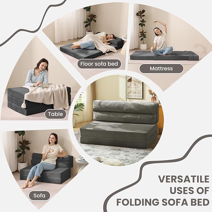 Folding Sofa Bed, Convertible Sleeper Chair with Pilow Foldable Matress, 2 in 1 Pull Out Loveseat Sofa Portable Fold Out Chair Bed Floor Couch Lounge for Living Room Bedroom (Grey, Queen)