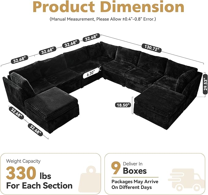 CAODOC Large 9 Seat Modular Sectional Sofa with Ottoman Seat Corduroy Sleeper Sectional Sofa Bed Oversized Convertible Modular Couch for Living Room