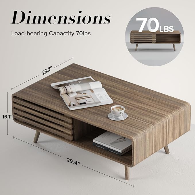 Easyego Coffee Table with Storage, Farmhouse Wood Tables for Living Room, Easy Assembly, Suitable for Various Home Styles (Light Brown)