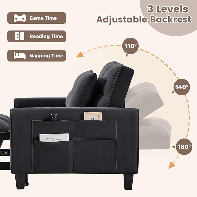 Choairy Modern Black Velvet 3 in 1 Sleeper Chair Bed Pull Out Sofa Bed Chair, Adjustable Backrest, 3 Reclining Positions, Adult Size, Indoor Use