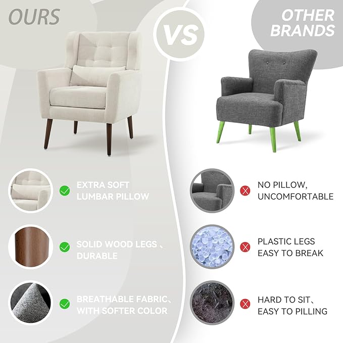 QKFF Modern Accent Chair, Upholstered Armchair with Pillow, Fabric Single Sofa Chair with Lounge Seat and Wood Legs Accent Chair for Living Room Bedroom Small Spaces (Beige, Set of 1)