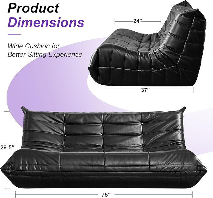 Hobestluk Bean Bag Chair Giant Bean Bag Sofa 3 Seater Bean Bag Chairs for Adults, Loveseat Floor Chair, Leather Bean Bag Chairs for Living Room Bedroom Office (Black, 3-Seater)