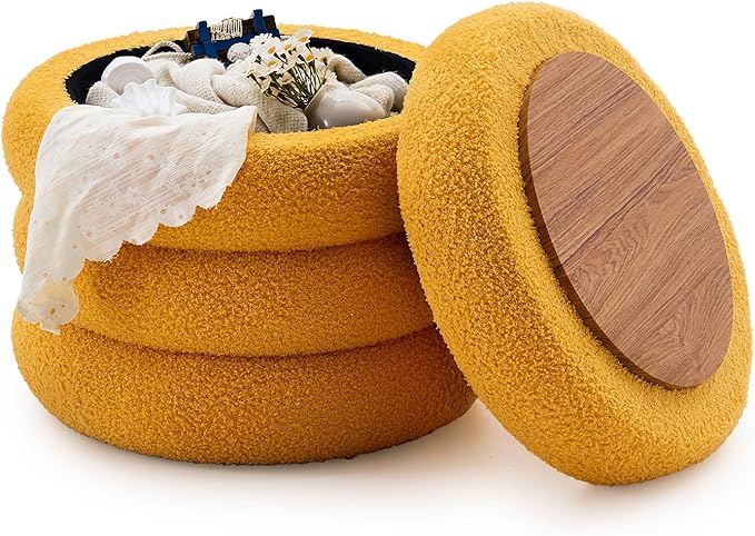 Wimarsbon Round Storage Ottoman, Modern Sherpa Footstool, Teddy Vanity Stool with Flip-Top Tray, Makeup Chair for Home Decor, Upholstered Footrest for Living Room & Bedroom (Yellow)