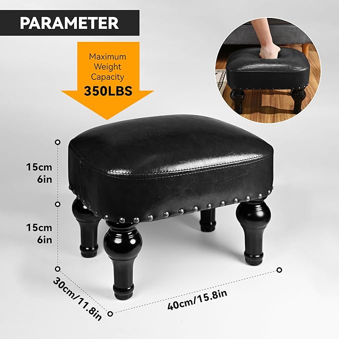 DSGAMER Leather Footrest Wood Ottoman,Rustic Foot Stools Seat, Wood Footstool,Rectangle Footrest Small Ottoman for Bedroom, Living Room, Office，Entrance Hall (Black)