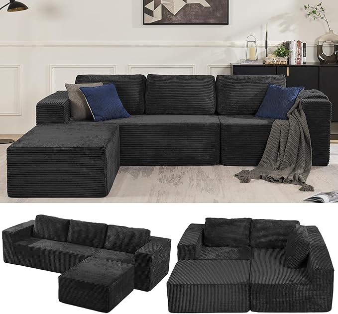 Furnify 106" 3-Seater Sofa, Cloud Modular Sofa with Certified Foam, Upholstered Floor Sofa with Deep Seat, Upholstered Sofa for Bedroom Living Room, No Assembly Required (Plush Corduroy Fabric, Black)