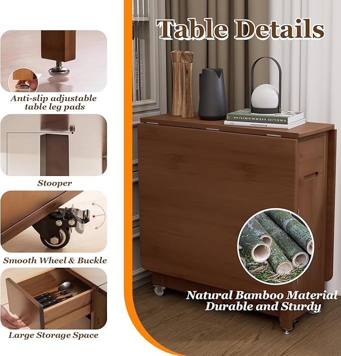 Folding Drop Leaf Dining Table with 2 Storage Space and 4 Lockable Wheels, Convertible Dining Table cart for Small Spaces Dining Room. (Brown)