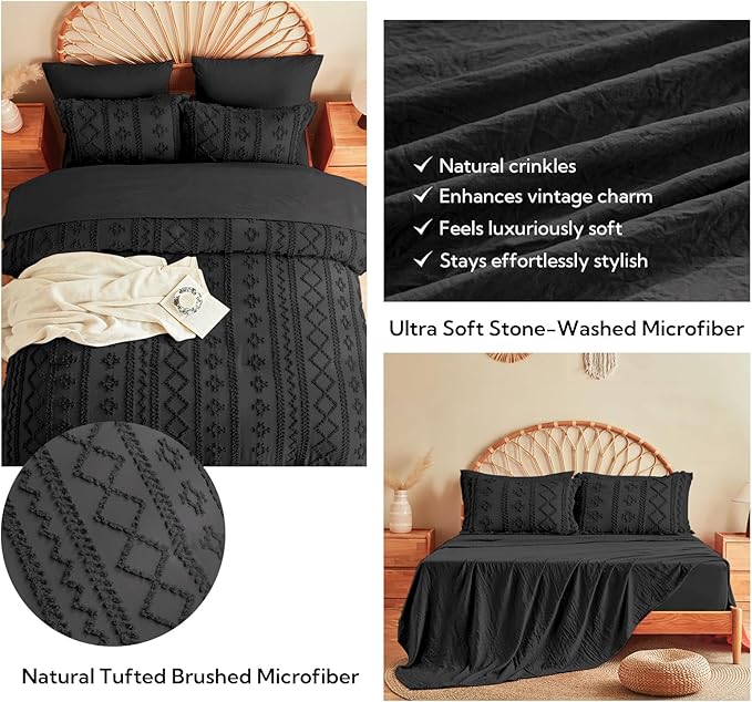 MR&HM Boho Queen Comforter Set, Black Tufted Boho Bedding Set, Bed in a Bag Set 7 Pieces with 1 Comforter, 2 Pillow Shams, 2 Pillowcases, 1 Flat Sheet, 1 Fitted Sheet for All Seasons