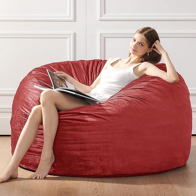Bean Bag Chairs for Adults - Memory Foam Furniture BeanBag Chair - Kids/Teens Sofa with Soft Micro Fiber Cover - Round Fluffy Couch for Living Room Bedroom College Dorm - 3 ft, Red