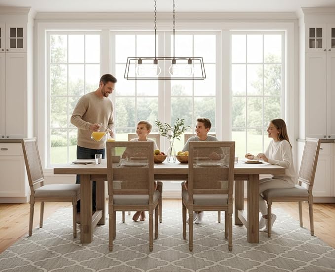 CIMOTA Farmhouse Dining Chairs Set of 6, French Rattan Dining Room Chairs with Rectangle Back/Distressed Wood Upholstered Vintage Side Chairs for Kitchen/Restaurant, Grey/6PCS