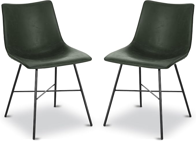 POLY & BARK Paxton Leather Dining Chairs – Set of 2 Modern Dining Room Chairs with Low Back – Faux Leather Upholstery and Matte Black Steel Base – Comfortable Seating for Stylish Interiors – Ivy Green