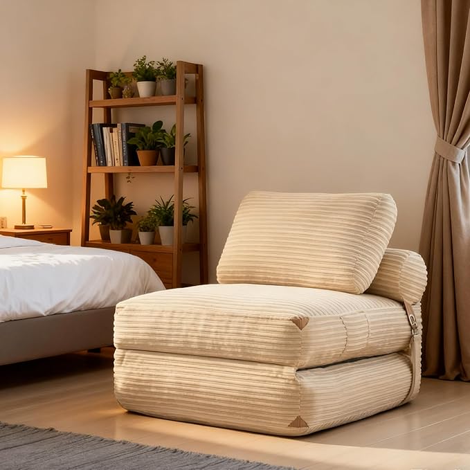 75''Foldable Sofa Bed,Beige Convertible Folding Sleeper Chair Bed,Foldable Single Sofa Foam Filling Couch with Pillow, Comfy Corduroy Lazy Floor Sofa for Small Room Living Room Bedroom Apartment