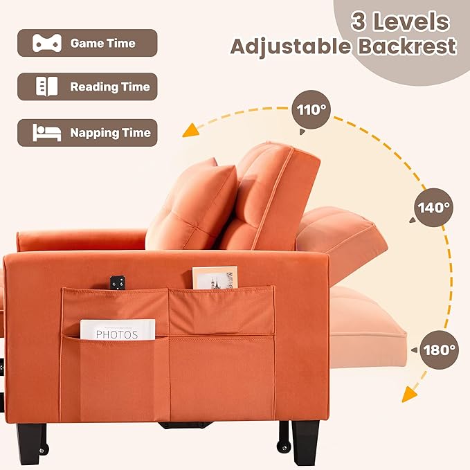 choairy Convertible Sleeper Chair, 3 in 1 Sleeper Chair Bed Pull Out Sofa Bed Chair, Velvet Single Sofa Bed Adjustable Backrest Chair Bed Sleeper for Adults Reading Living Room, Bedroom, Orange