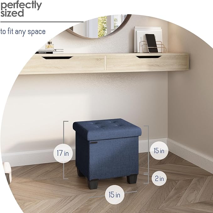 Storage Ottoman Cube with Small Bin, 16-in Square Ottoman with Storage for Living Room and Bedroom, Small Ottomans Foot Rest, Fabric Foot Stools Ottomans Max 330lbs, Blue