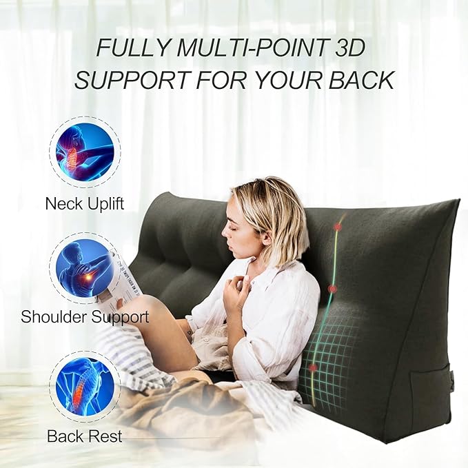 WOWMAX 80% Cotton 20% Linen Blend Headboard Pillow – California King Size Reading Wedge Backrest for Bed, Handmade Firm Support Bolster Cushion with Removable Cover, Premium Bed Rest Pillow, Deep Gray