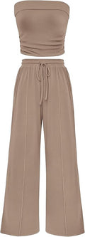 PRETTYGARDEN Womens Summer Outfits 2 Piece Sets Casual Ribbed Knit Crop Tube Top Wide Leg Pants Spring Matching Lounge Set