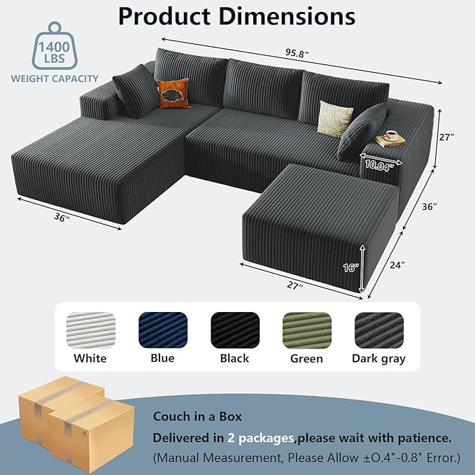 96" W Cloud Sectional Couch with Ottoman,Modern U-Shaped Cloud Couch with Deep Seat,Comfy Corduroy 3-Seater Sofa,Memory Foam Sofa for Living Room,No Assembly (Dark Grey,Left-Facing Chaise)