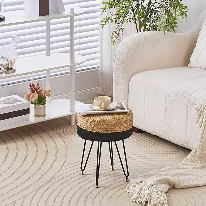 Wimarsbon Ottoman Pouf Handmade Natural Water Hyacinth,Round Footrest with 4 Metal Legs,Vanity Stool for Bedroom,Hallway,Living Room (Natural Water Hyacinth+Black Corn Husk)