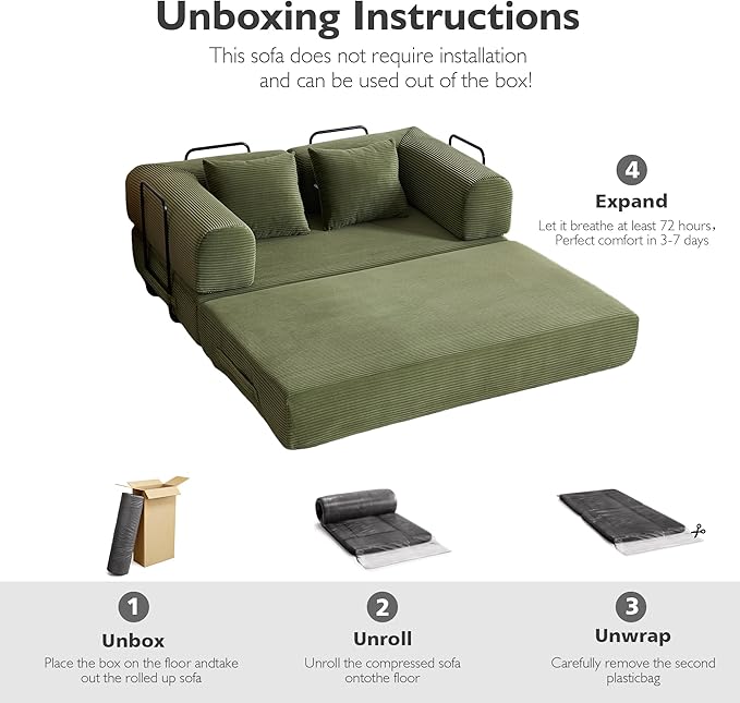 59 Inch 5-in-1 Convertible Sofa Bed, Corduroy Boneless Floor Couch with Fixed Frame & Pillow, Modular Folding Mattress Lounger for Small Space, Living Room, Bedroom - Easy Assembly(LIGHT GREEN)