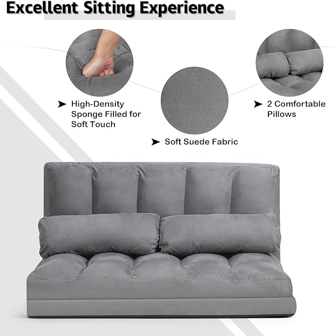 KOMFOTT Adjustable Floor Sofa Bed, Foldable Lazy Sofa Sleeper with 6 Position Backrest & 2 Pillows, Convertible Futon Couch with Suede Cloth Cover, Lounge Recliner for Living Room