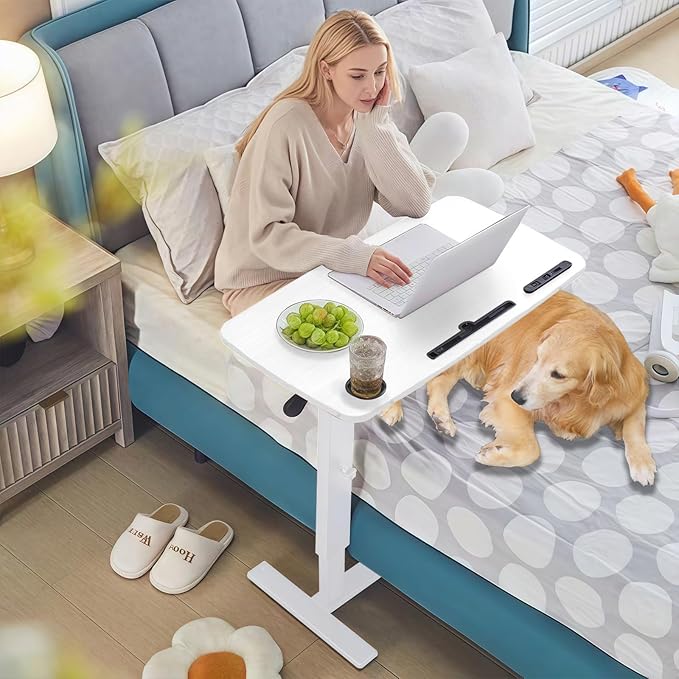 Overbed Bedside Table with Wheels Adjustable Height, Mobile Hospital Bed Table with USB Port, Rolling Standing Laptop Bed Table for Study, Office, Home, White