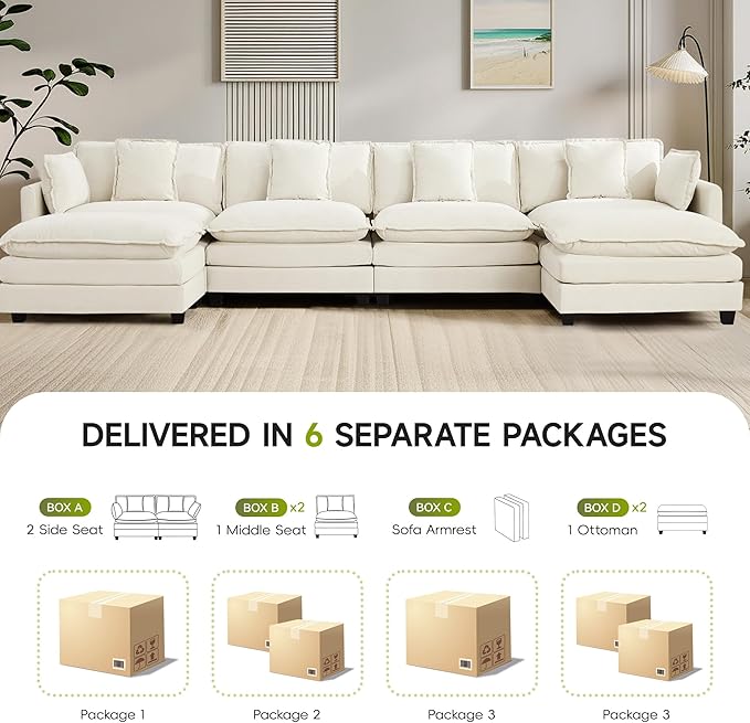 UMBFUN 4-Seater Cloud Couch with 2 Ottomans, Extra-Large Modular Sectional U Shaped Sofa with Deep Seat Cushions, Chenille Couch for Living Room, Beige