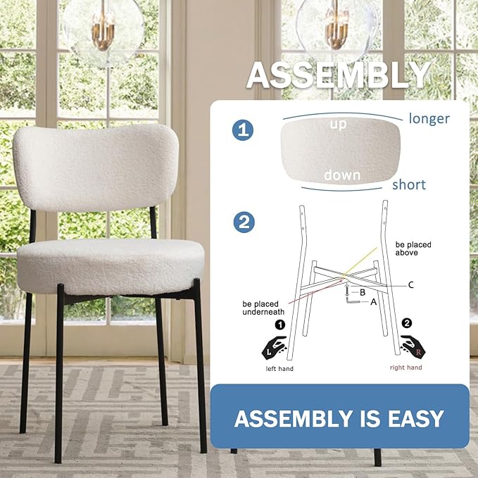 Stabrech White Boucle Dining Chairs Set of 2, Upholstered Dinner Chair with Metal Frame, Dining Room Chairs with Padded Seat, Round Modern Seating for Living Room