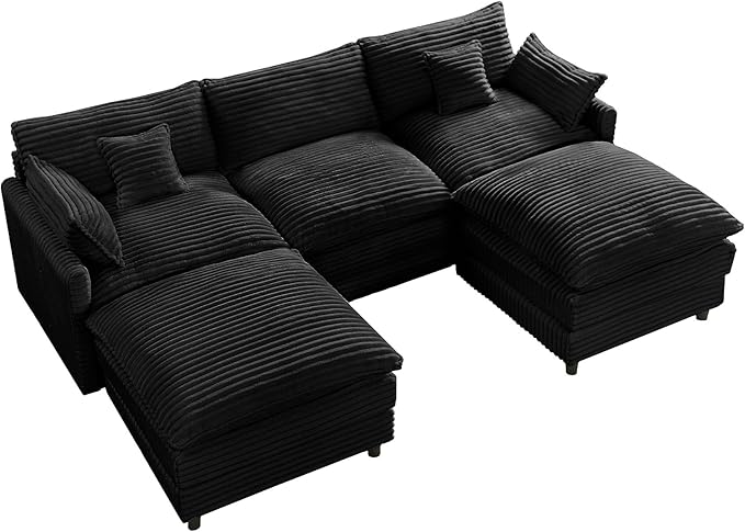HYJT-H&K 108" U Shaped Cloud Couch Modular Black Sectional Couches for Living Room, Comfy Fluffy Corduroy Oversized Cloud Sectional Couch Large 5 Seat Sectionals Sofa Set, Black