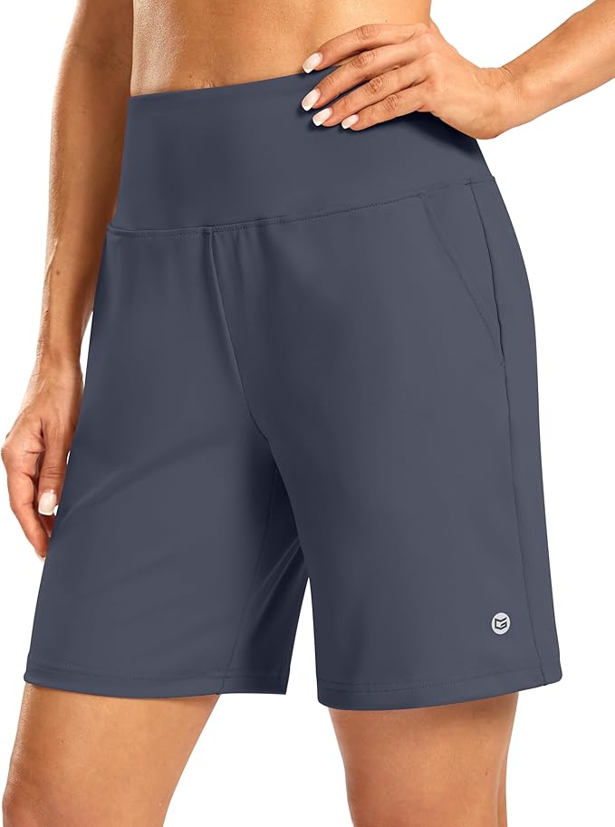 Women's Athletic Shorts with Zipper Pocket 7" High Waisted Stretchy Bermuda Shorts for Women Workout Running Casual
