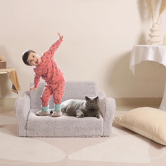 Kids Sofa, 2-in-1 Flip-Out Foam Couch, Soft Play Lounge Chair for Toddlers and Children, Extra Wide, Grey