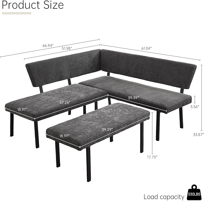 Modern L-Shaped Dining Bench, 67 Inch Fabric Upholstered Corner Sofa with Metal Legs for Kitchen Nook, Living Room, Dining Room (Grey)