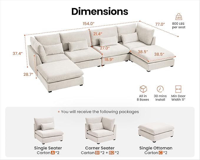 Oversized Modular Sofa, Extra Deep Cloud Chenille Sectional Couch with Ottoman Chaise, Fluffy Chenille 6 Seat U-Shaped Sofa for Living Room, Villa (U Shape 6 Seater, Chenille White)