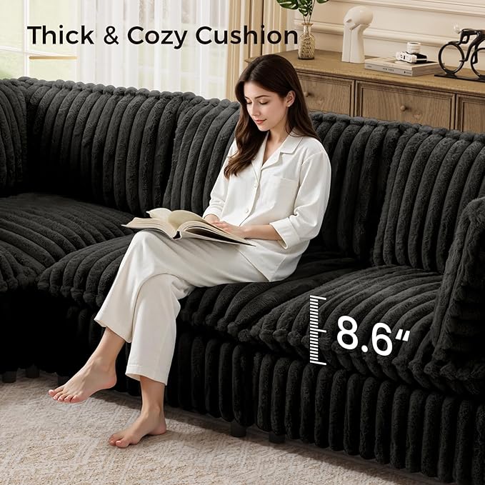 KKL Modular Sectional Couch for Living Room, V Shaped Corduroy Couches with 2 Ottomans, 7 Seater Oversized Sofa, Soft Fabric Modern Sofa, Black