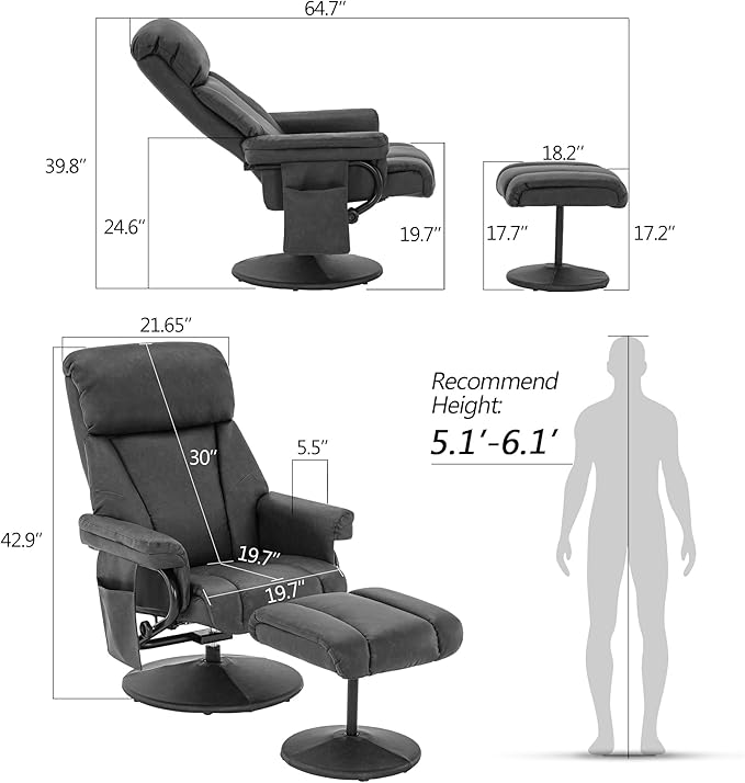 MCombo Swivel Recliner with Ottoman, TV Chair with Vibration Massage, Ideal for RV Small Space, Living Room & Bedroom 4539 (Faux Leather, Dark Grey)