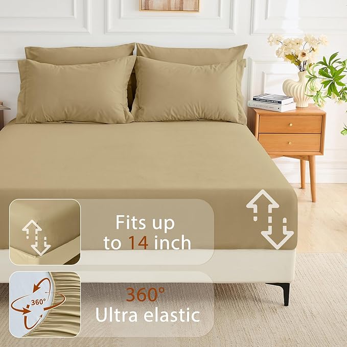 MUXHOMO 7 Pieces Full Comforter Set, Soft Bed in a Bag Full Size, All Season Bedding Set with Comforter, Flat Sheet, Fitted Sheet, Pillowcases & Shams, Khaki